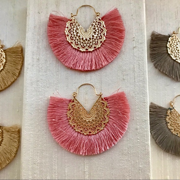 Filigree and Fringe Hoop Earrings - Pink - Picture 7 of 7